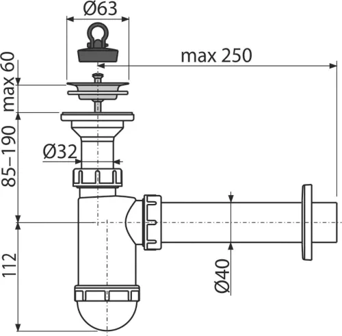 Mosdószifon DN40 rozsdamentes leeresztővel DN63