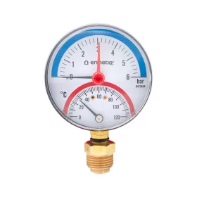   Termomanométer 1/2" visszacsapó szeleppel, hőmérséklet és nyomásmérő alsós 6 Bar,max hőmérséklet 120 °C, Ø 90mm