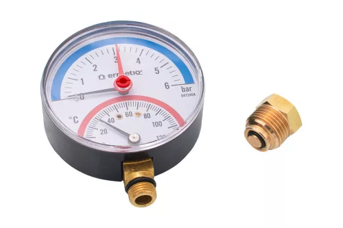 Termomanométer 1/2" visszacsapó szeleppel, hőmérséklet és nyomásmérő alsós 6 Bar,max hőmérséklet 120 °C, Ø 90mm