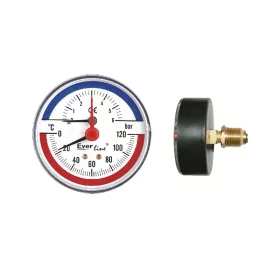   Termomanométer 1/2-os visszacsapó szeleppel, hőmérséklet és nyomásmérő hátsós 6 Bar, max hőmérséklet 120 °C, Ø 90mm