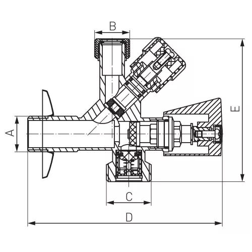 Kombinált sarokszelep, 1/2" x 3/4" x 3/8"
