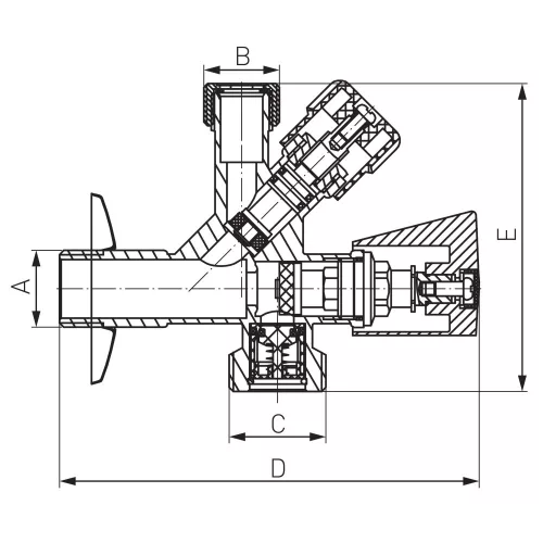 Kombinált sarokszelep 1/2" x 3/4" x 1/2"