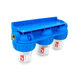   Poharas vízszűrő 5", 3/4"-es bekötéssel, 3 részes, szerelő kulcs, tartó, szénszűrő-5 μm, pamutszűrő-25 μm, mosható szűrő-50 μm, max.: 10 bar, hőfok: 5 - 45°C