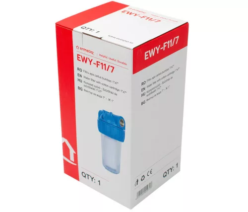 Poharas vízszűrő 7", 1"-os bekötéssel, szerelő kulcs, tartó, pamutszűrő 25 μm, max.: 10 bar, hőfok: 5 - 45°C