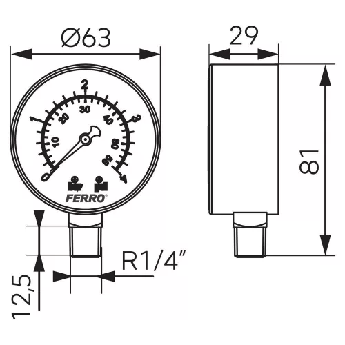 Nyomásmérő alsós csatlakozású 4 bar, Ø63 mm, 1/4"
