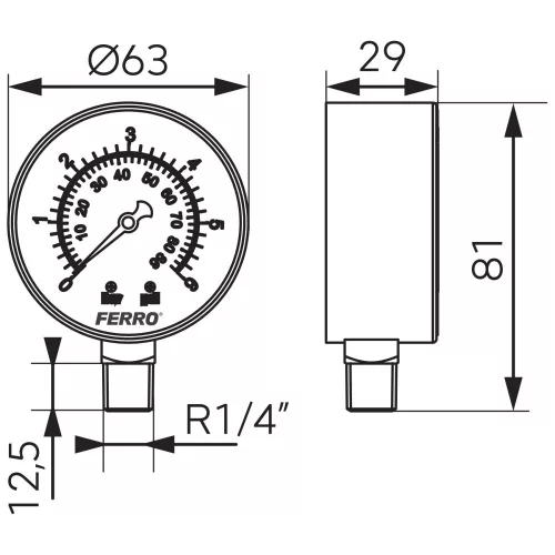 Nyomásmérő alsós csatlakozású 6 bar, Ø63 mm, 1/4"