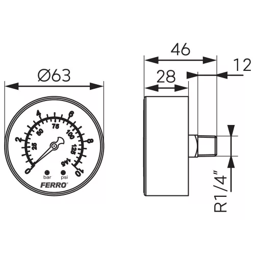 Nyomásmérő hátsó csatlakozású 10 bar, Ø63 mm, 1/4"