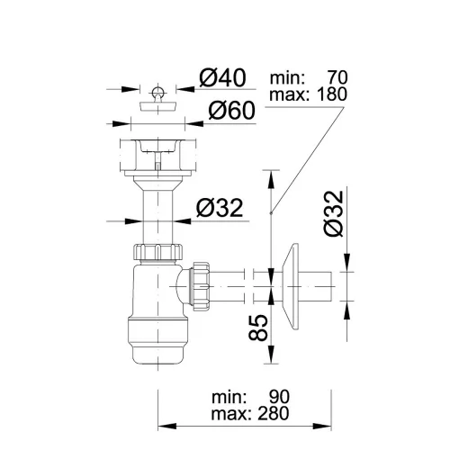 Mosdószifon, fix leeresztőszeleppel, Ø32 mm-es elfolyással