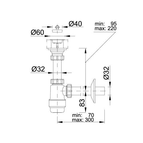 Mosdószifon 5/4"-os, oldható műanyag tányéros leeresztőszeleppel, Ø32 mm-es elfolyással