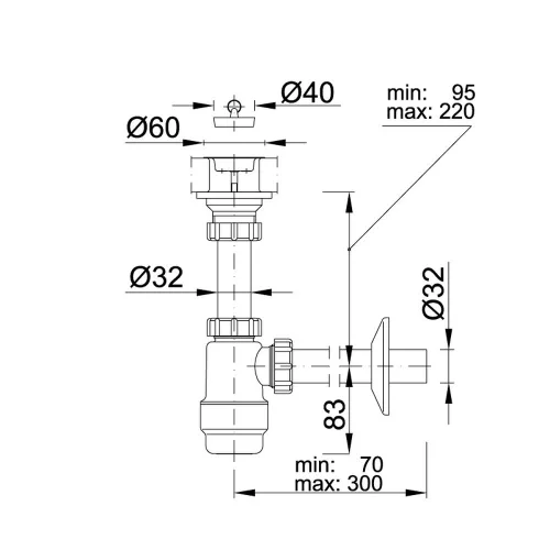 Mosdószifon 5/4"-os oldható leeresztőszeleppel, Ø32 mm-es elfolyással
