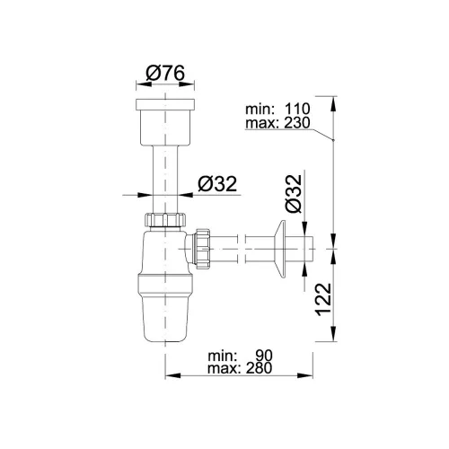 Piszoár szifon egyenes, 32 mm-es eltolású, Ø32 mm-es elfolyással