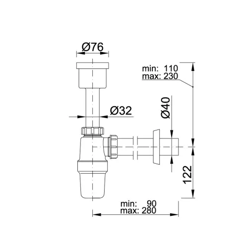 Piszoár szifon egyenes, 32 mm-es eltolású, Ø40 mm-es elfolyással