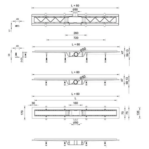 Styron zuhanyfolyóka PIROS festett üveggel 700 mm-es