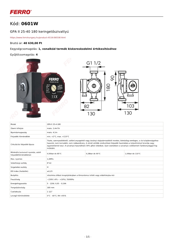 Technikai adatlap Ferro GPA II 25-40-180