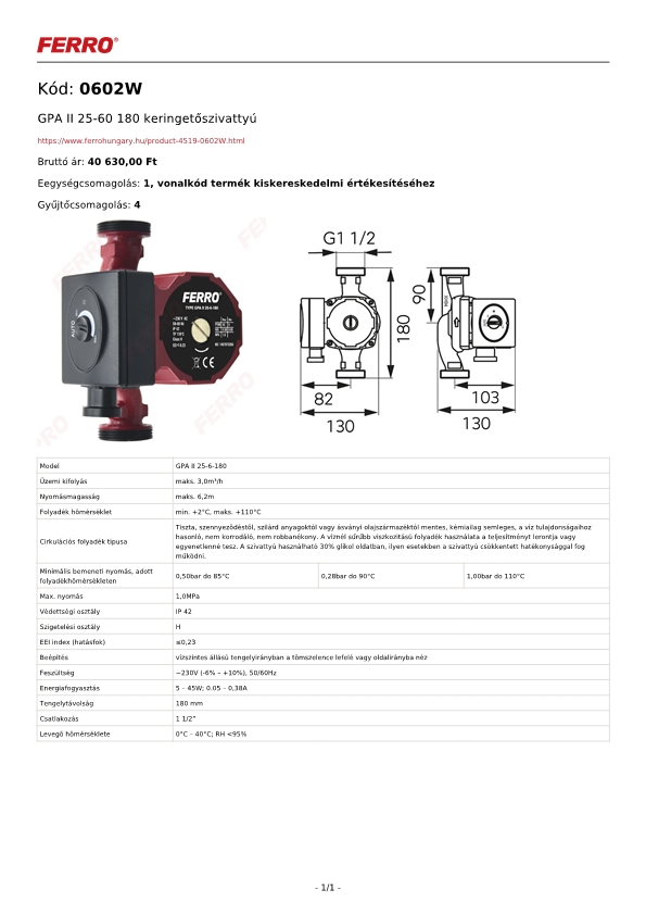 Technikai adatlap Ferro GPA II 25-60-180