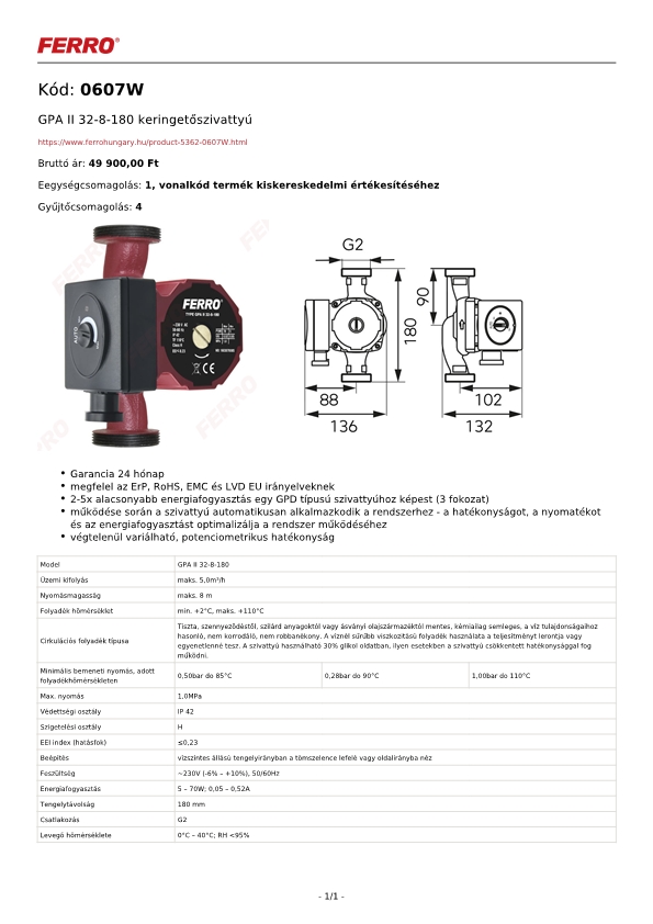 Technikai adatlap Ferro GPA II 32-8-180