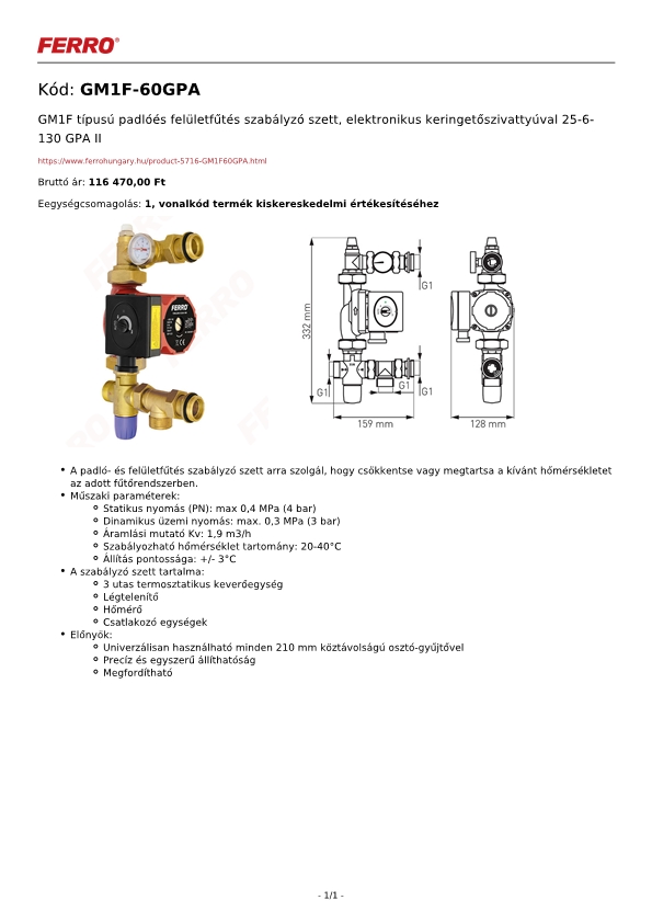 Technikai adatlap Ferro GM1F-60GPA típusú padló- és felületfűtés szabályzó szett