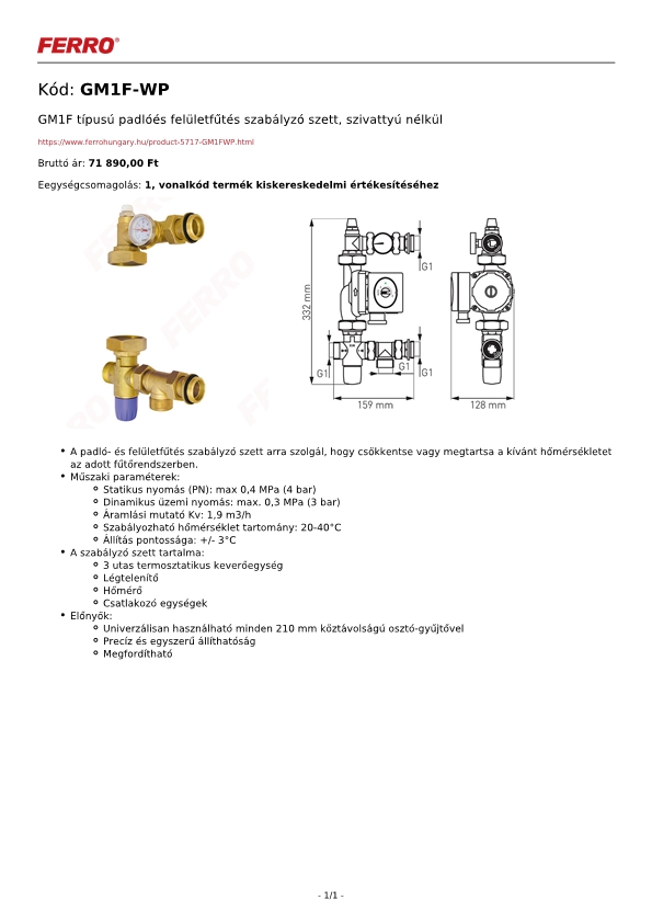 Technikai adatlap Ferro GM1F-WP