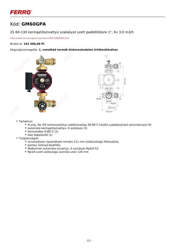 Technikai adatlap Ferro GM60GPA - GPA II 25-60-130 keringetőszivattyúval szerelt szabályzó szett padlófűtésre 1